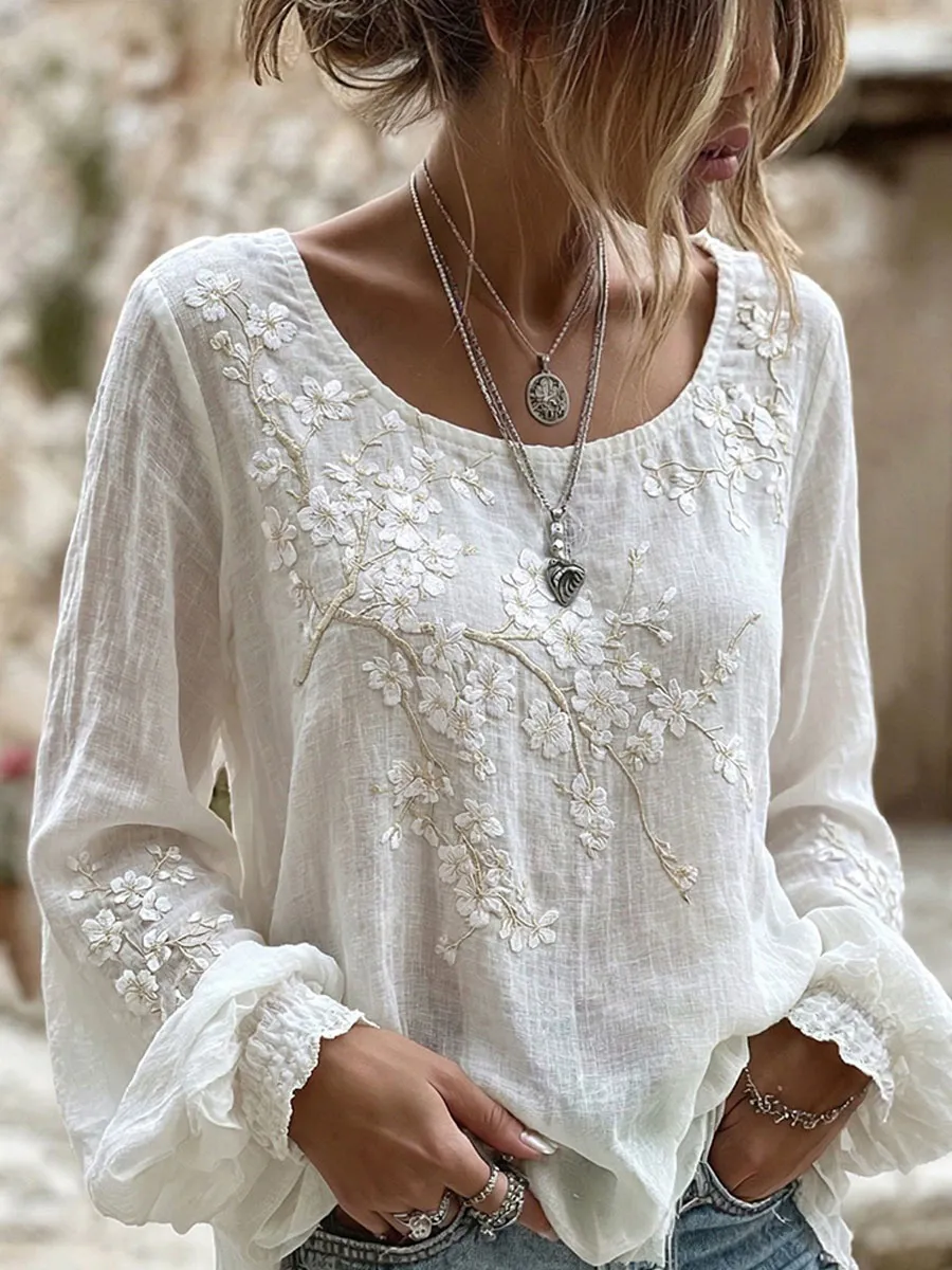 Vintage Floral Embroidery Print Women's Long-Sleeve Linen Shirt