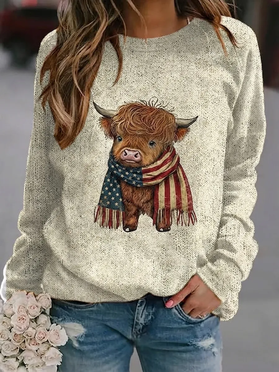 Women's America's 250th Anniversary Vintage Scottish Highland Cow Print Sweater