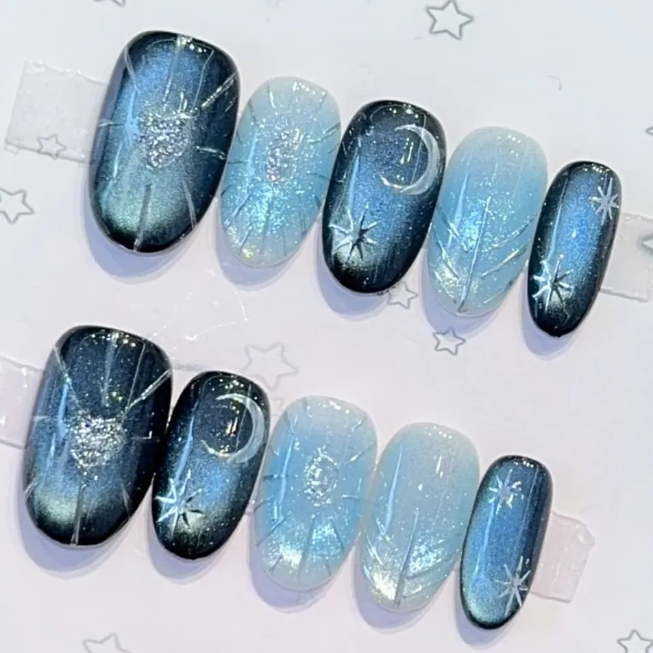 Nailhour 10Pcs Blue Cat Eye Medium Oval Press On Nails