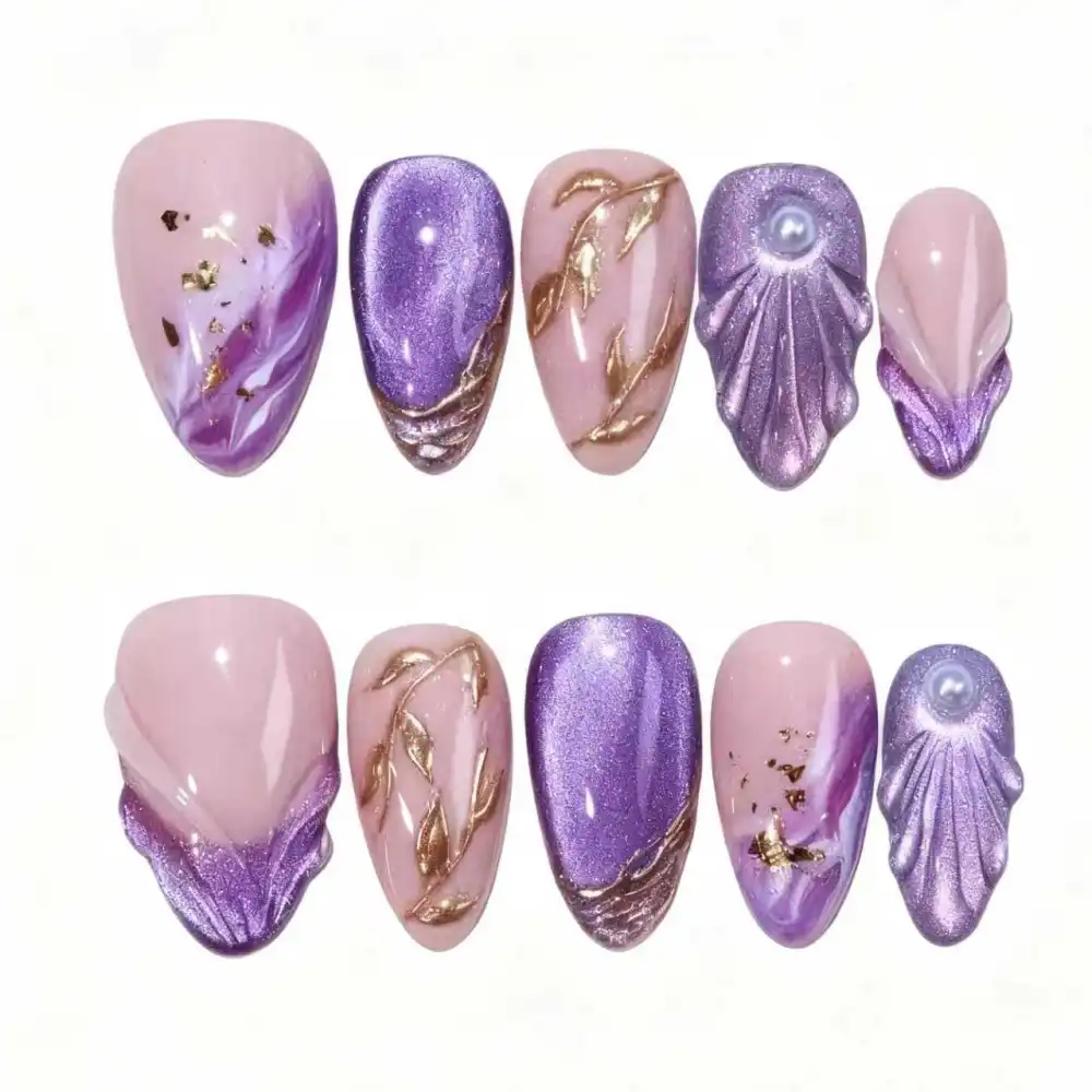 Nailhour 30Pcs Date Cat Eye Purple Pearl Almond Press On Nails