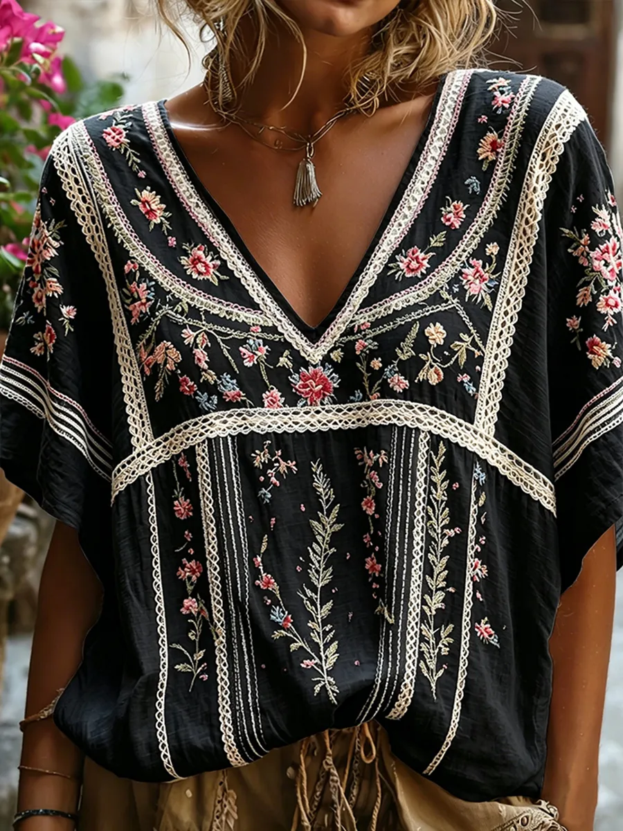 Women's Boho Floral Embroidered Lace Trim V-Neck Blouse