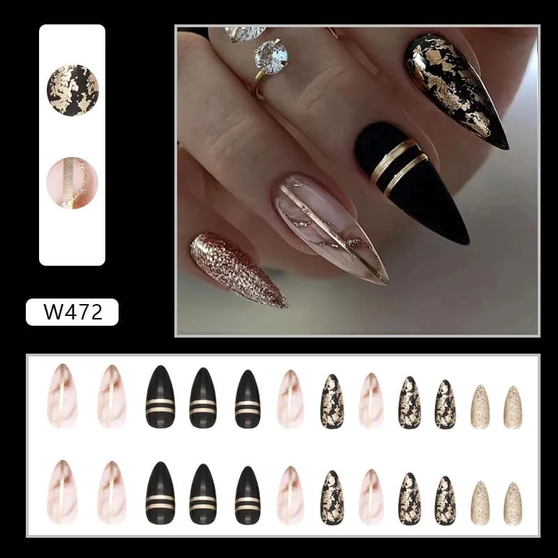 Nailhour 24Pcs Dark Medium Almond Gilded Press On Nails