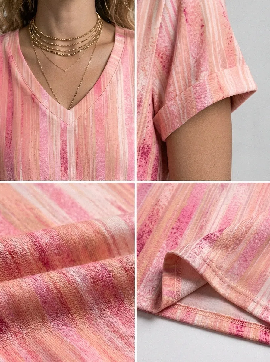 Women's Breast Cancer Awareness Pink Striped Printed V-Neck T-Shirt