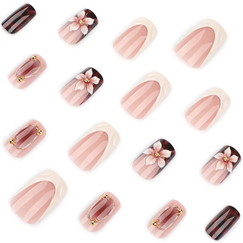 Nailhour 24Pcs French Medium Square 3D Gilded F/W Press On Nails