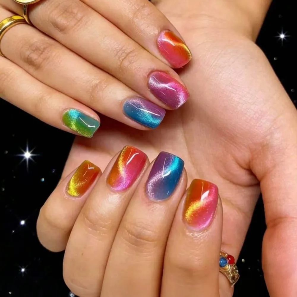 Nailhour 24pcs Rainbow Square Short Fake Nails Colorful Cat Eye Glitter Press On Nails