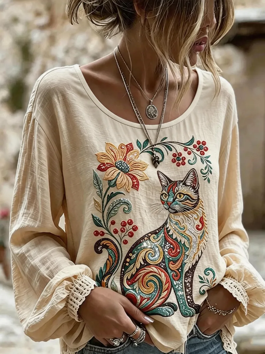 Women'S Cat Floral Elegant Cotton Linen Top