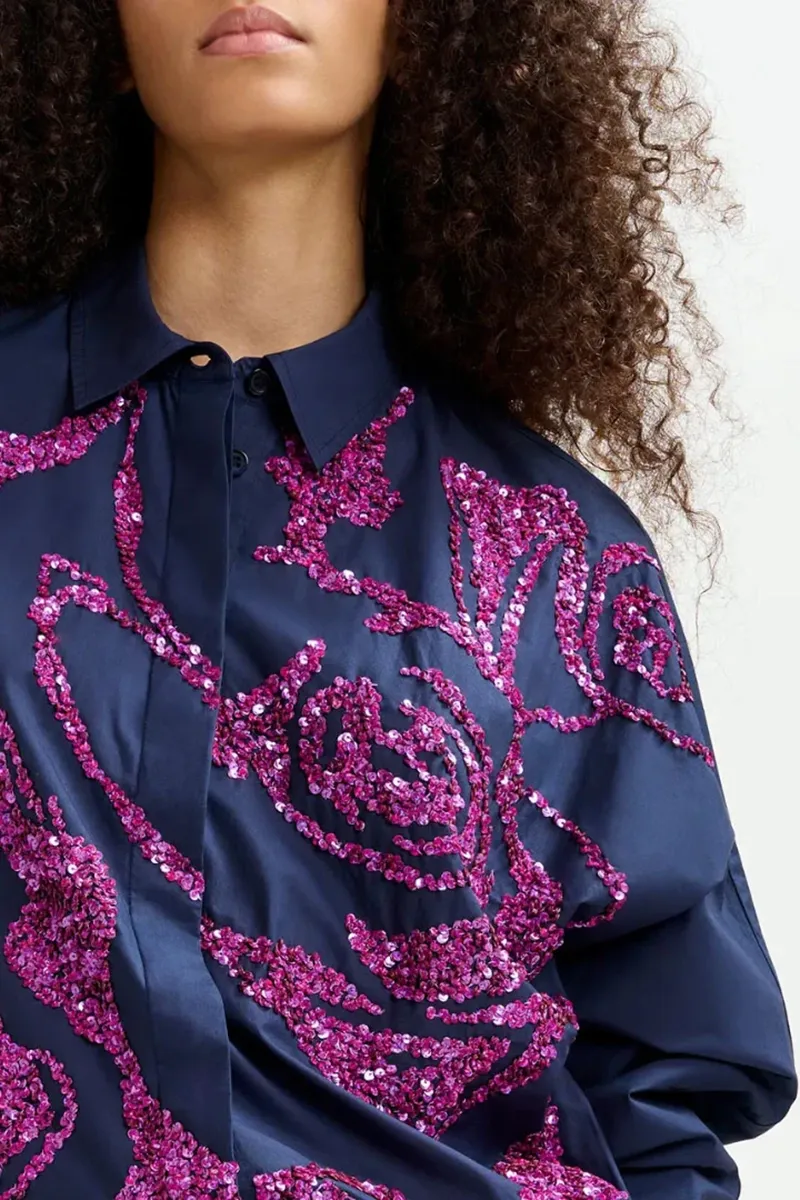 Floral Patterned Long Sleeve Navy Shirts