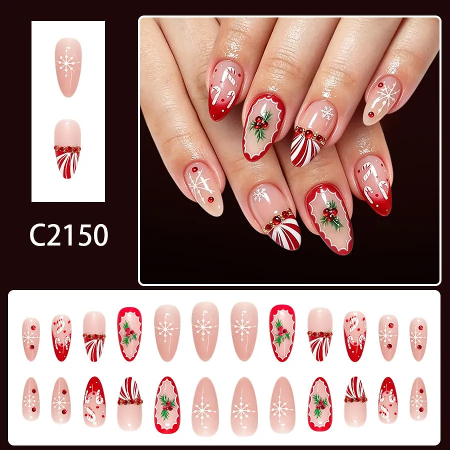 Nailhour 24Pcs Christmas Rhinestone Medium Almond French Press On Nails