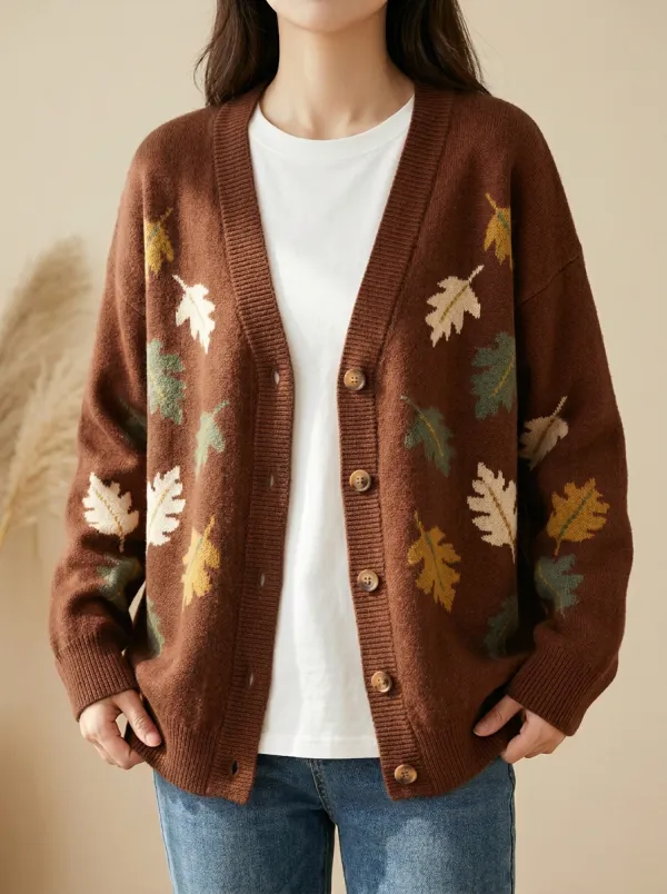 Leaves Pattern Patterned Women's Knit Cardigan