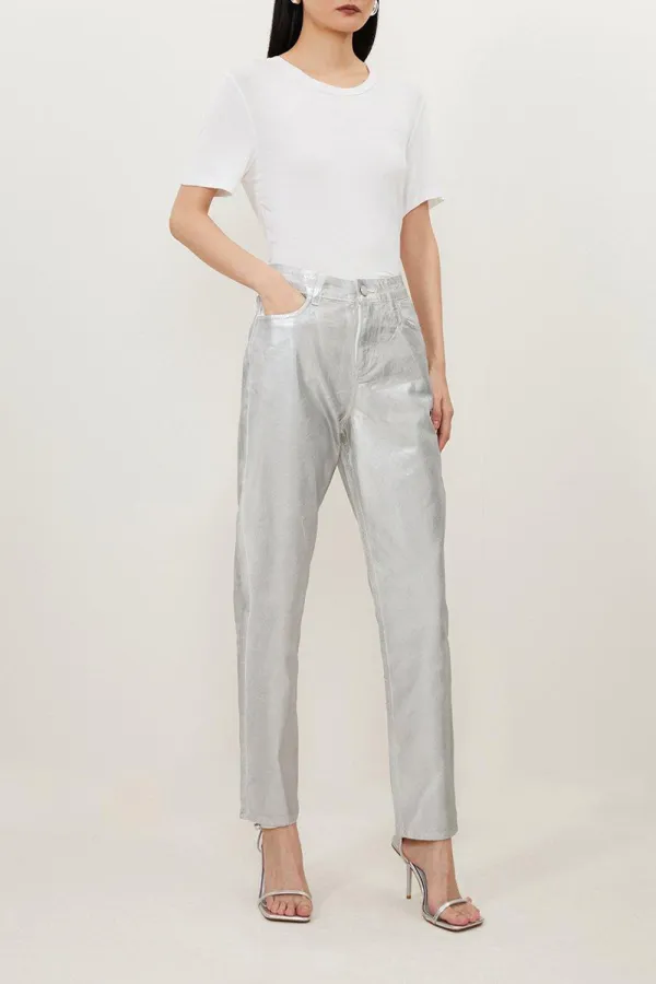 High-Waist Slim-Fit Silver Foil Casual Pants