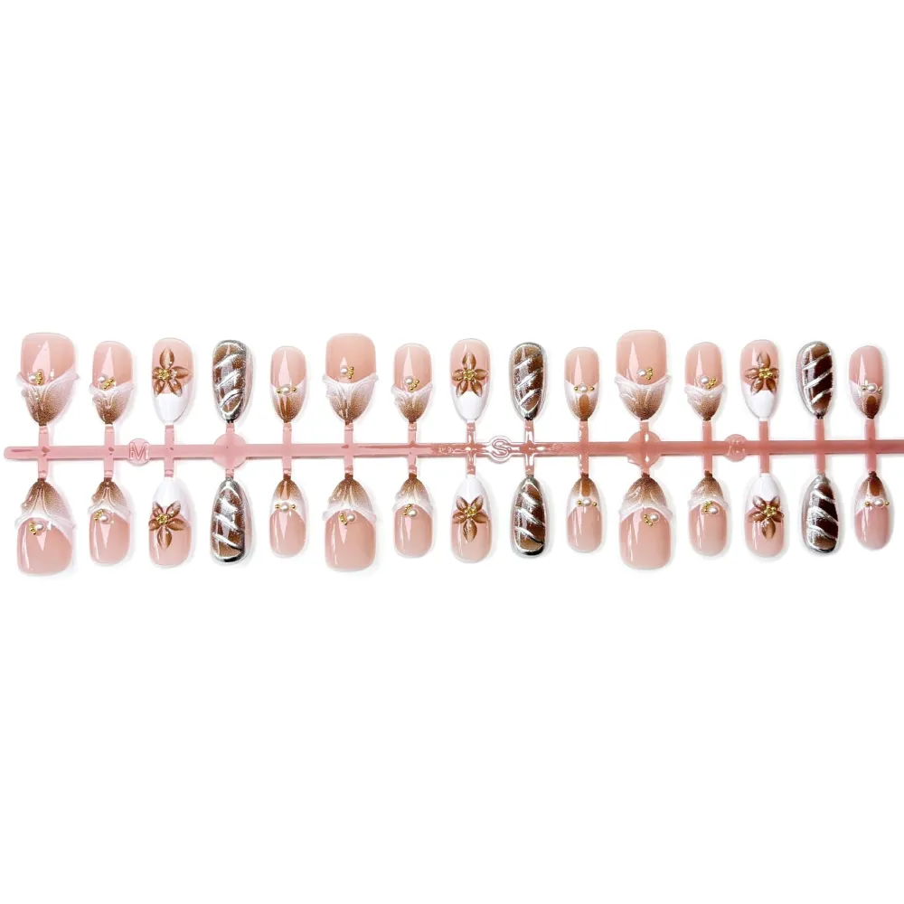 Nailhour 30Pcs Autumn Glitter Floral 3D Medium Almond French Press On Nails