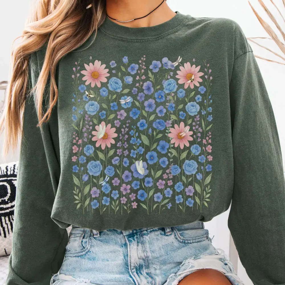 Blue Violet Wildflowers Long Sleeve Shirt