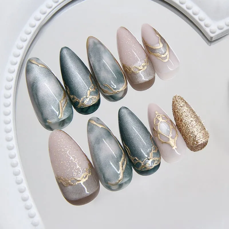Nailhour 24Pcs Cat Eye Irregular Gilded Medium Almond French Press On Nails