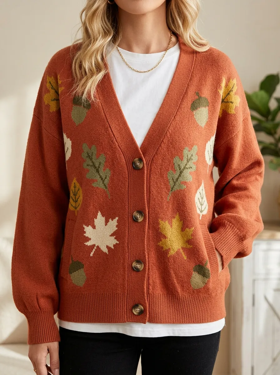Leaf Acorn Pattern Patterned Women's Knit Cardigan