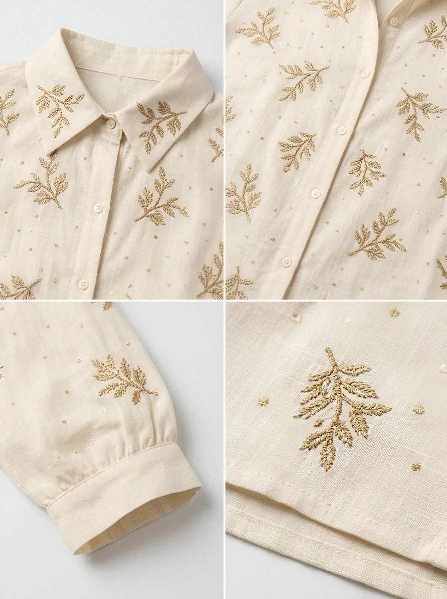 Women's Breast Cancer Awareness Gold Leaf Sequin Embroidered Button-Down Shirt