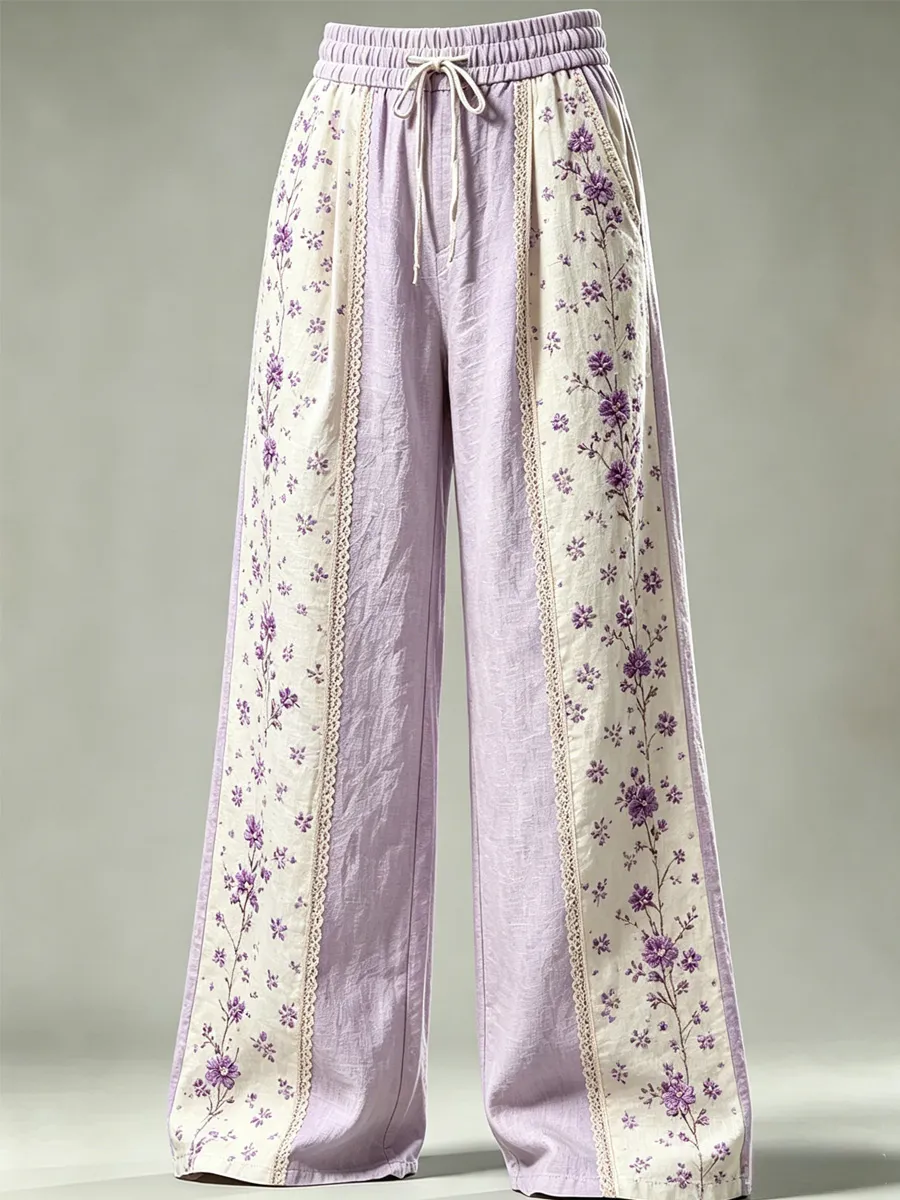 Women's Floral Print Embroidered Palazzo Pants