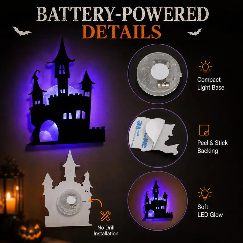 Halloween LED Silhouette Wall Light Stickers- Battery Powered Peel & Stick Spooky Decor