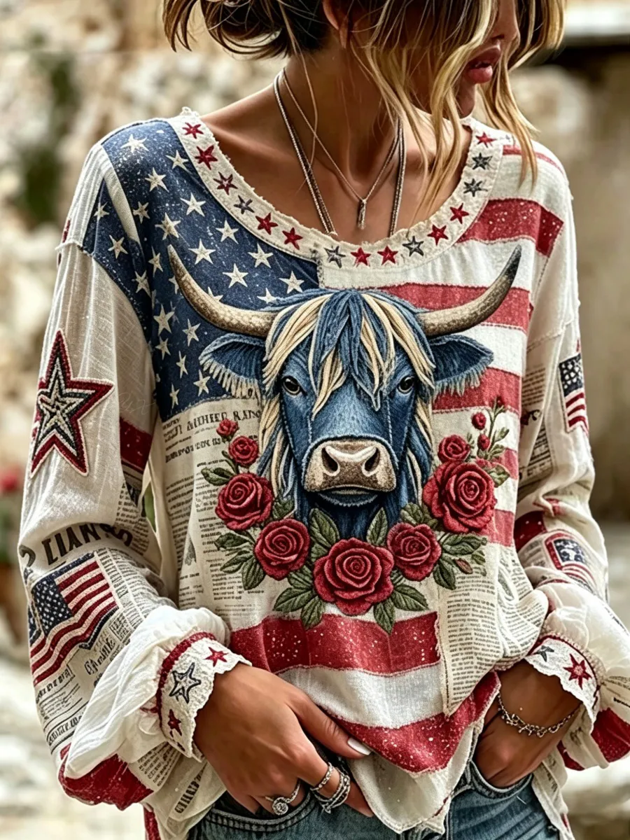 American Flag and Highland Cow Patchwork Design Women's Linen Shirt