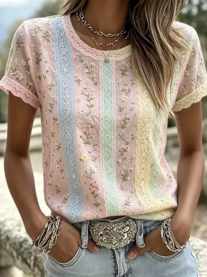 Women's casual floral print cotton and linen round neck top