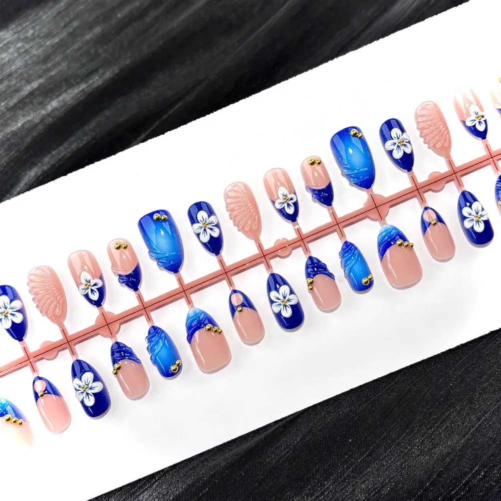 Nailhour 30Pcs Summer 3D Resin Blue Floral Beach Press On Nails