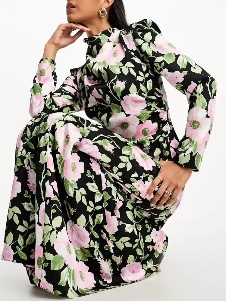 Floral Design High Neck Dress