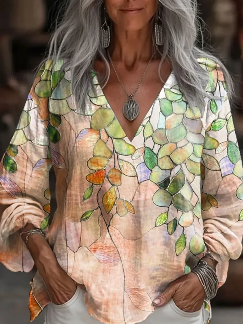 Women's Colorful Leaf Printing Shirt