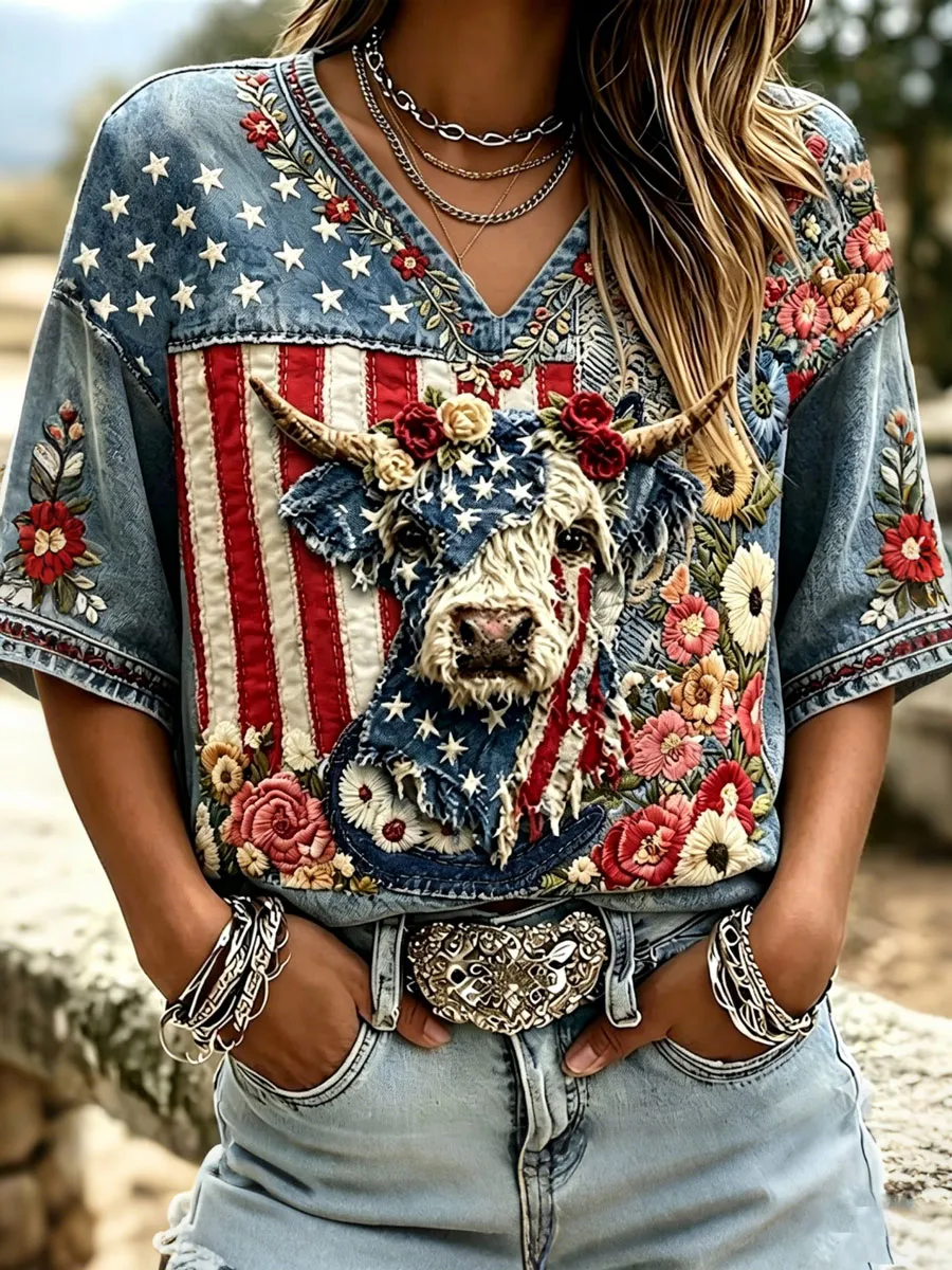 Women'S Independence Day Animal Embroidery Print T-Shirt
