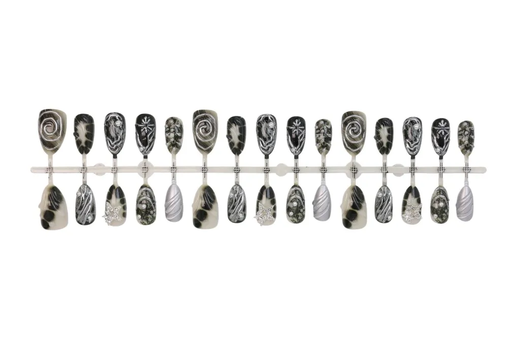 Nailhour 30Pcs Dark 3D Medium Almond French Gilded Press On Nails