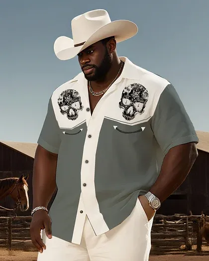Big & Tall Men'S Western Style Color Matching Casual Skull Print-Short Sleeve Shirt