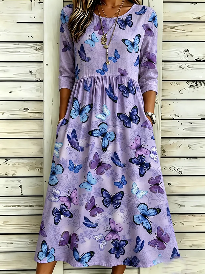 Women's Casual Purple Floral Lace Cotton Linen Dress