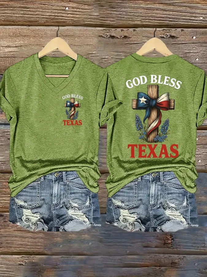 Women's Retro God Bless Texas Cross Print V-Neck T-Shirt