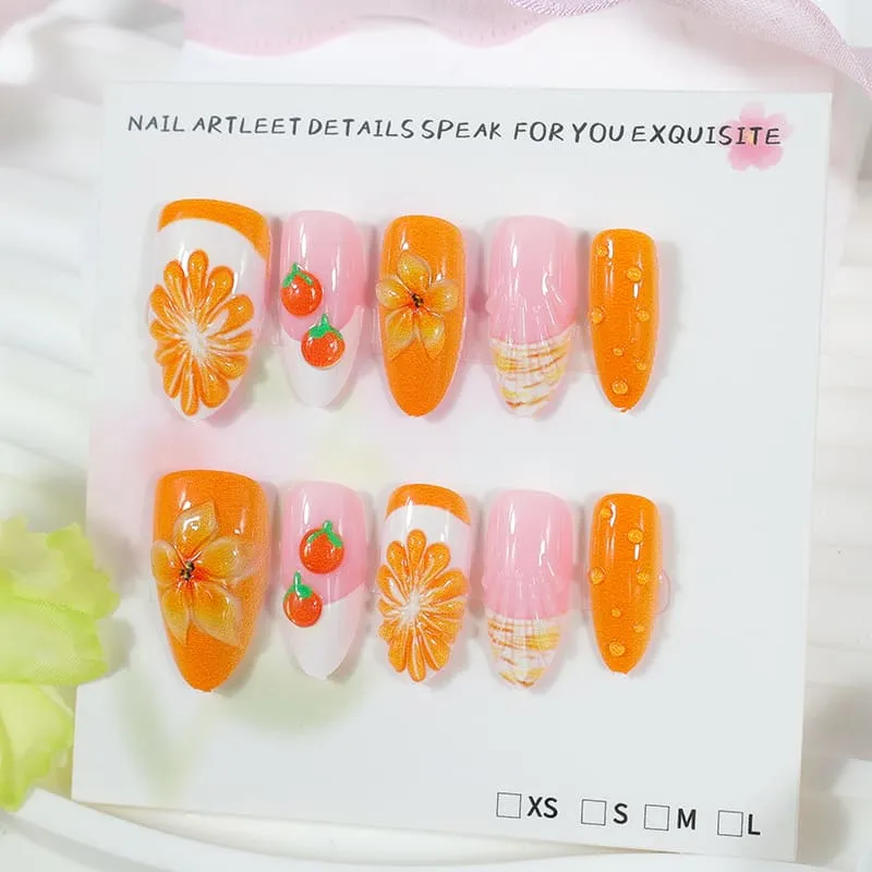Nailhour 30Pcs Orange 3D Gradient Medium Almond French Press On Nails