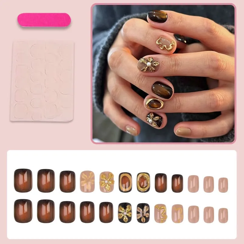 Nailhour 24Pcs Gilded 3D Short Square French Press On Nails