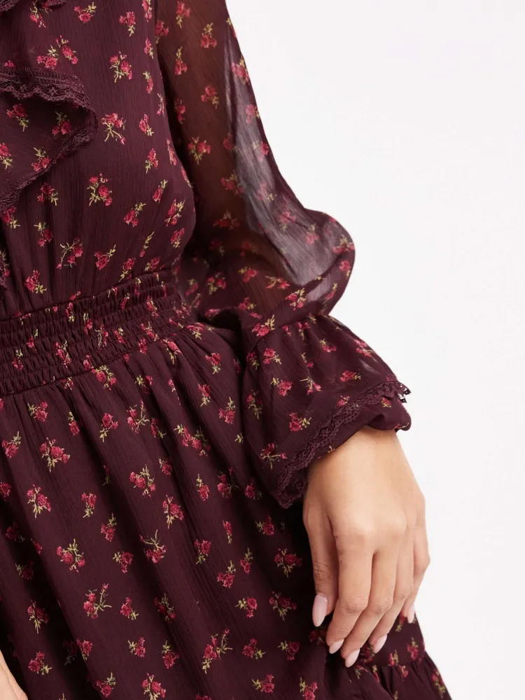 Ruffled V-Neck Long Sleeve Dress