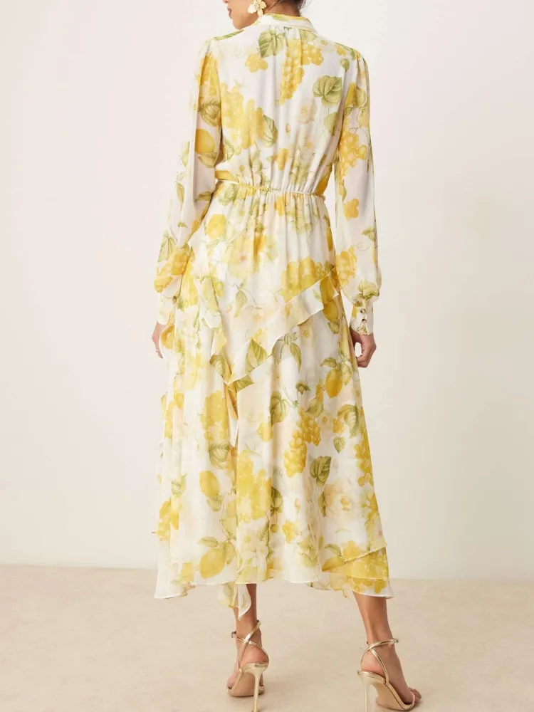 Lemon Print Notched Midi Dress