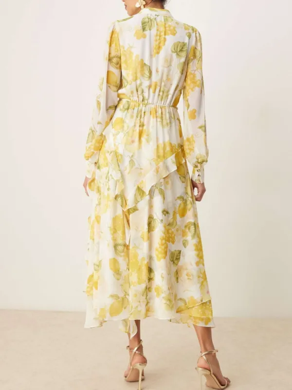 Lemon Print Notched Midi Dress