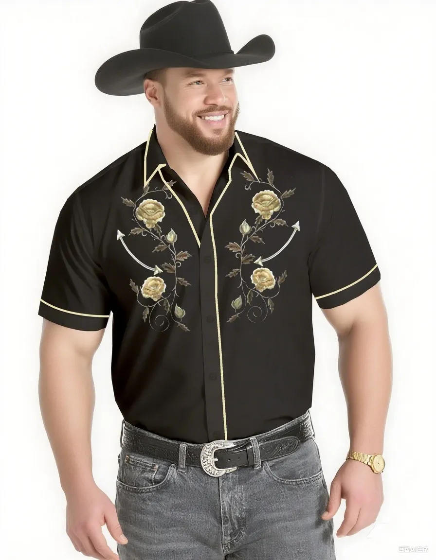 Big & Tall Men's Western Style Daily Casual Textured Short Sleeve Shirt