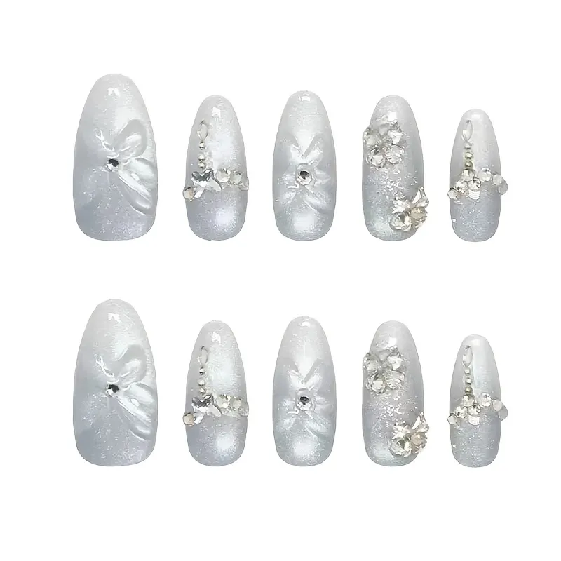 Nailhour 10Pcs Blue 3D Floral Glitter Medium Almond Press On Nails