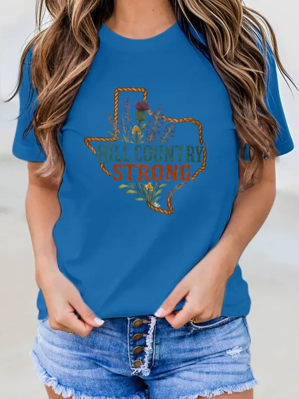 Ladies HILL COUNTRY STRONG Simple Loose And Slim Round Neck Shirt