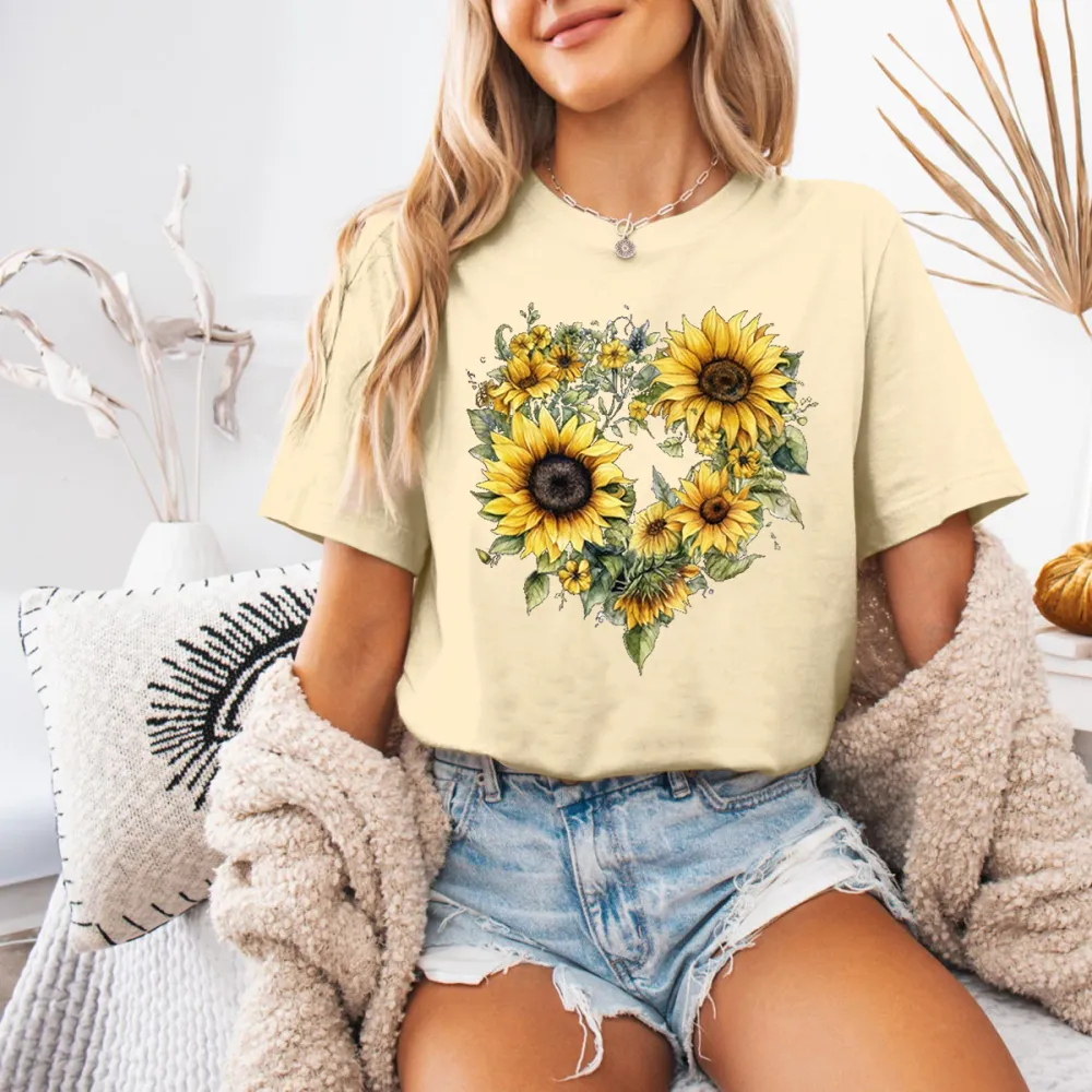 Sunflower And Heart Printed T-Shirts