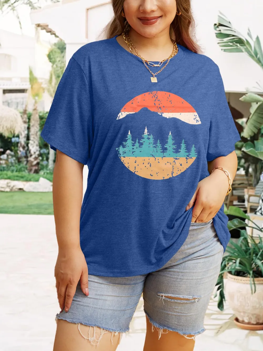 Sunset And Mountain Print T-shirt