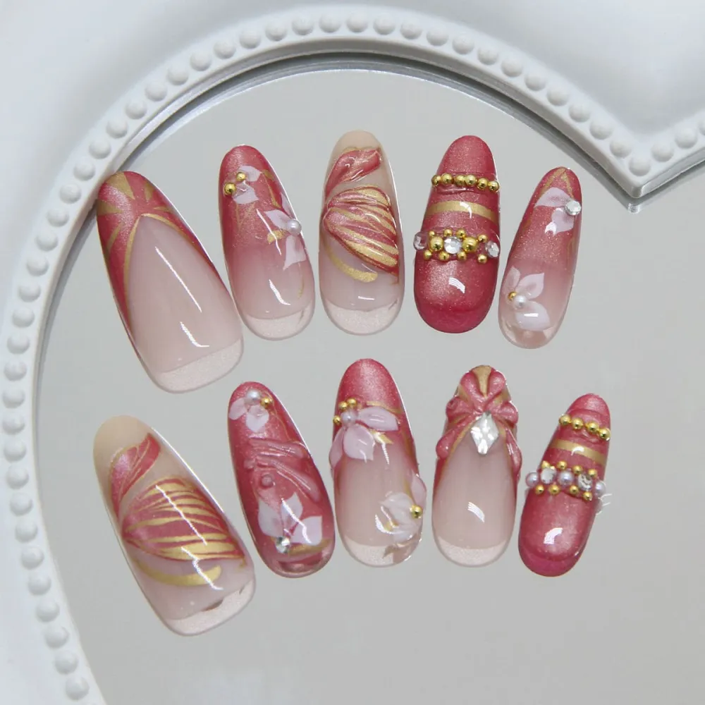 Nailhour 30Pcs Pink Gradient Gilded 3D Cat Eye Medium Almond Press On Nails