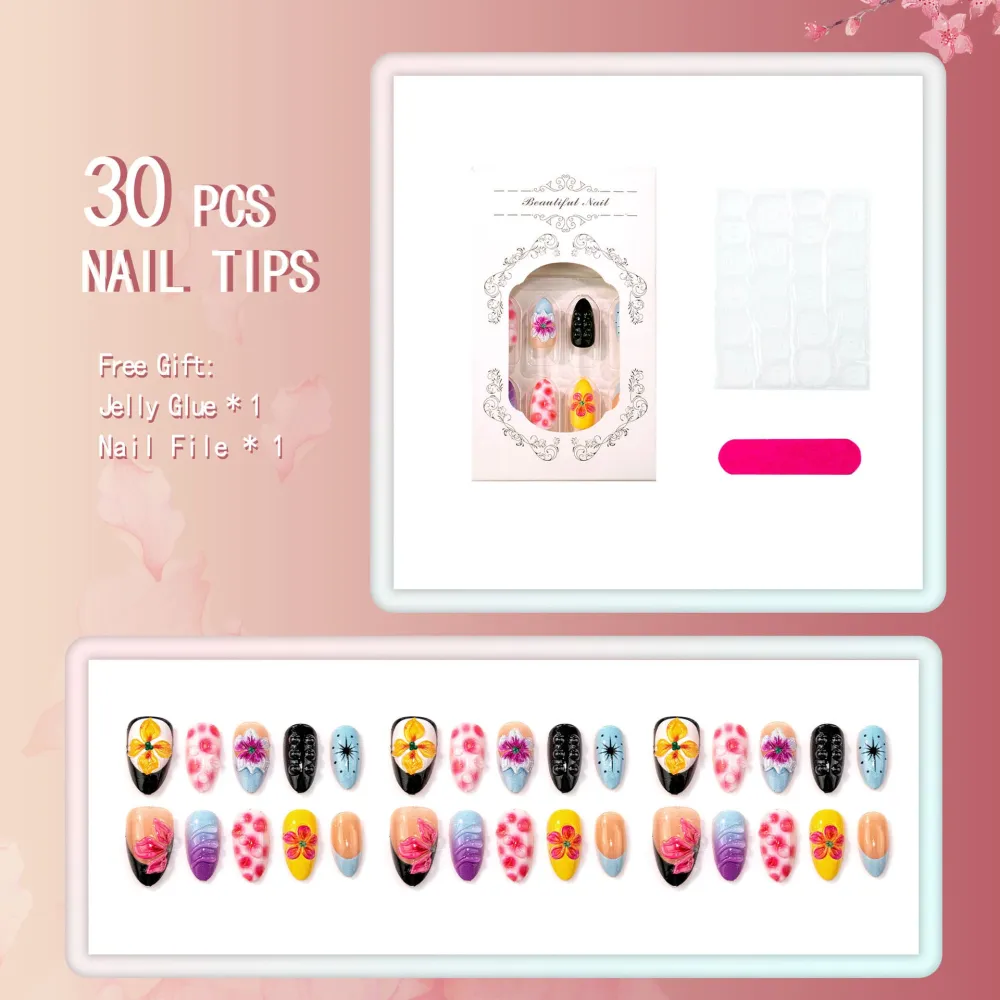 Nailhour 30Pcs Painted Leopard Print 3D Medium Almond French Press On Nails