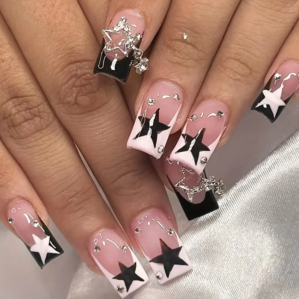 Nailhour 24Pcs Long Square Elegant Black Star Metal Press On Nails