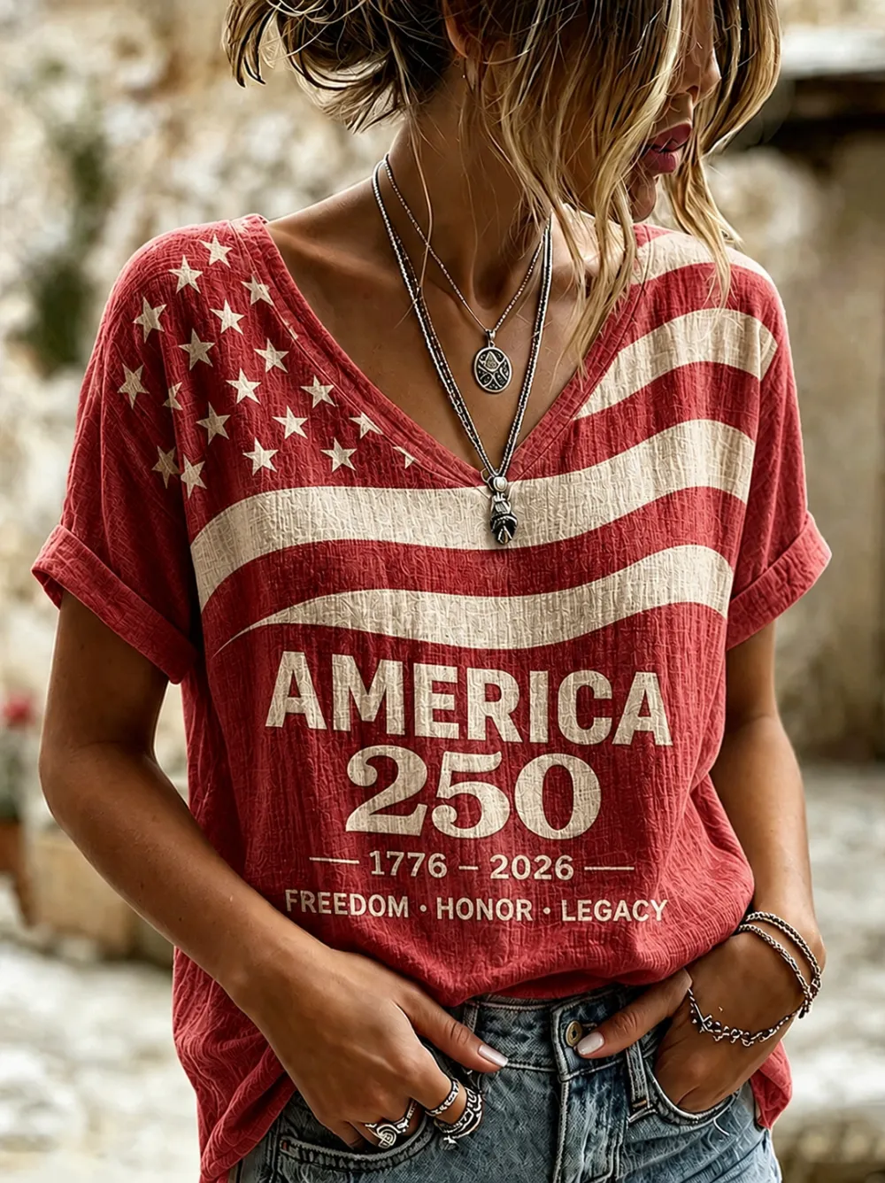 Women'S Retro Independence Day Printed Casual Short Sleeved T-Shirt