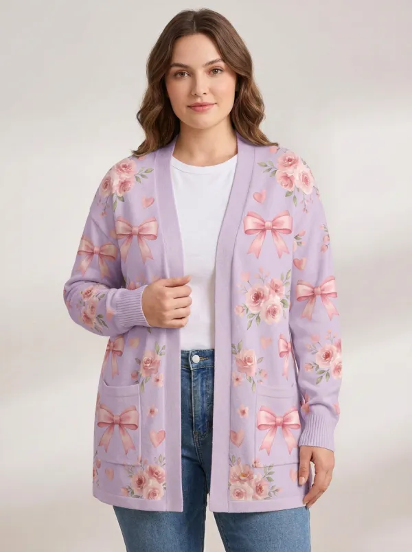 Women's Breast Cancer Awareness Pink Bow Floral Printed Cardigan