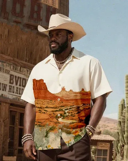Men'S Western Wind Desert Gold Rush Map Printing-Cuban Collar Short Sleeve Shirt