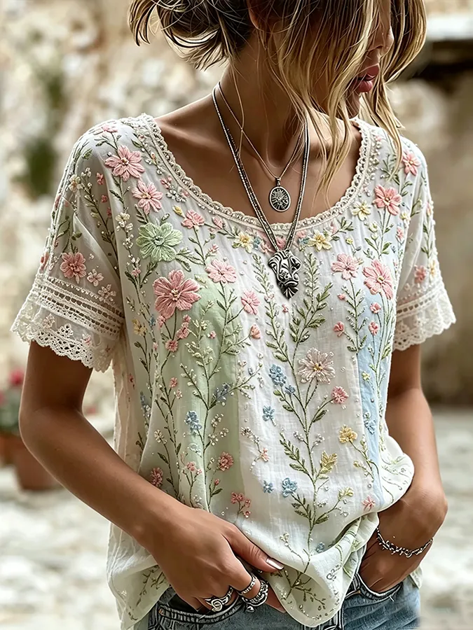 Women'S Casual Printed Cotton And Linen Round Neck Top