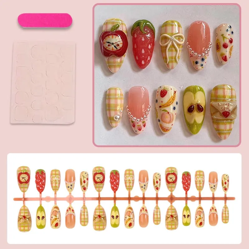 Nailhour 30Pcs Vintage 3D Medium Almond French Press On Nails