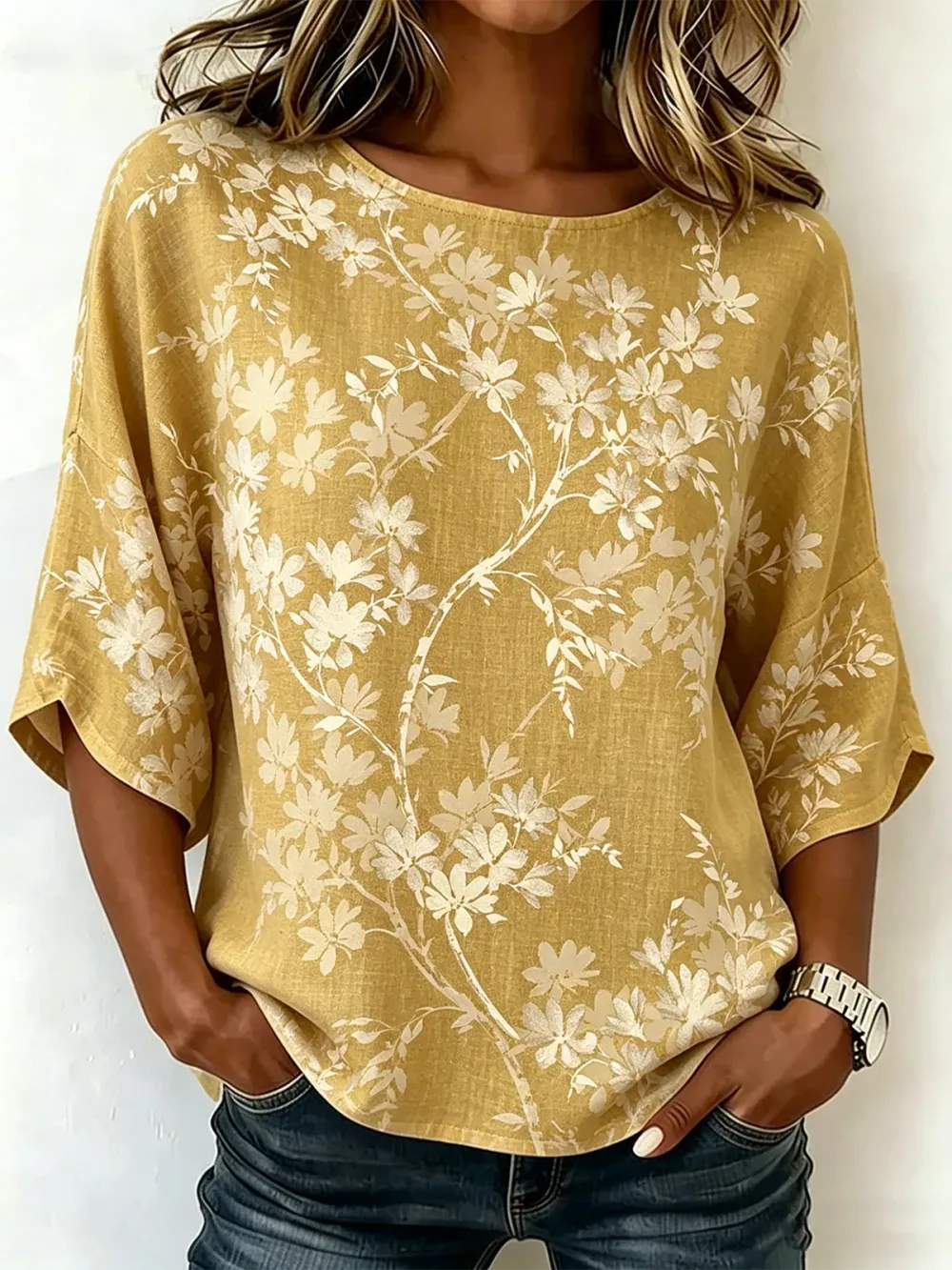 Women's Crew Neck Half Sleeve Floral Lightweight Loose Shirt